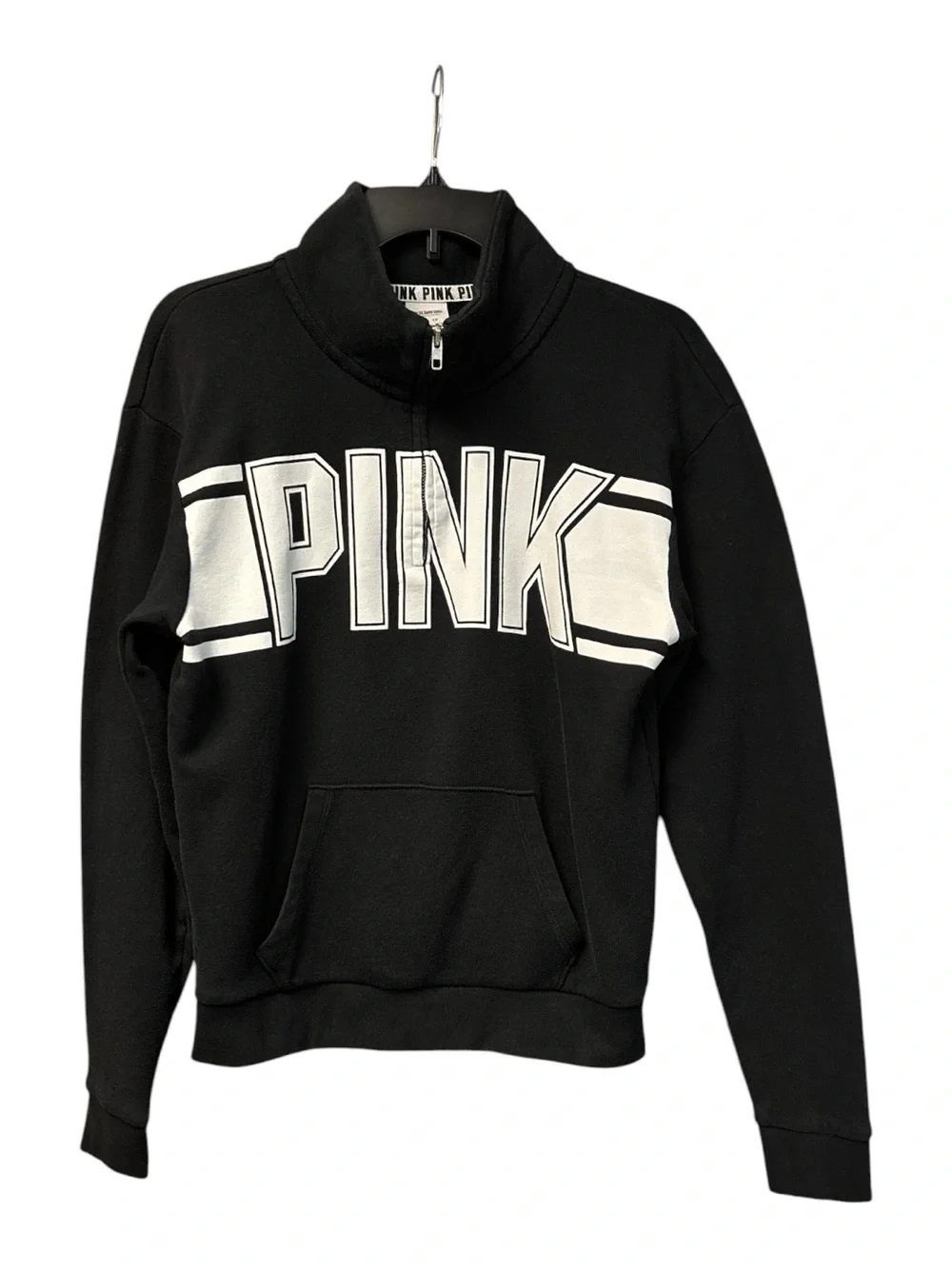 Victoria's Secret PINK Women’s Black White Block Logo Quarter Zip Sweatshirt XS